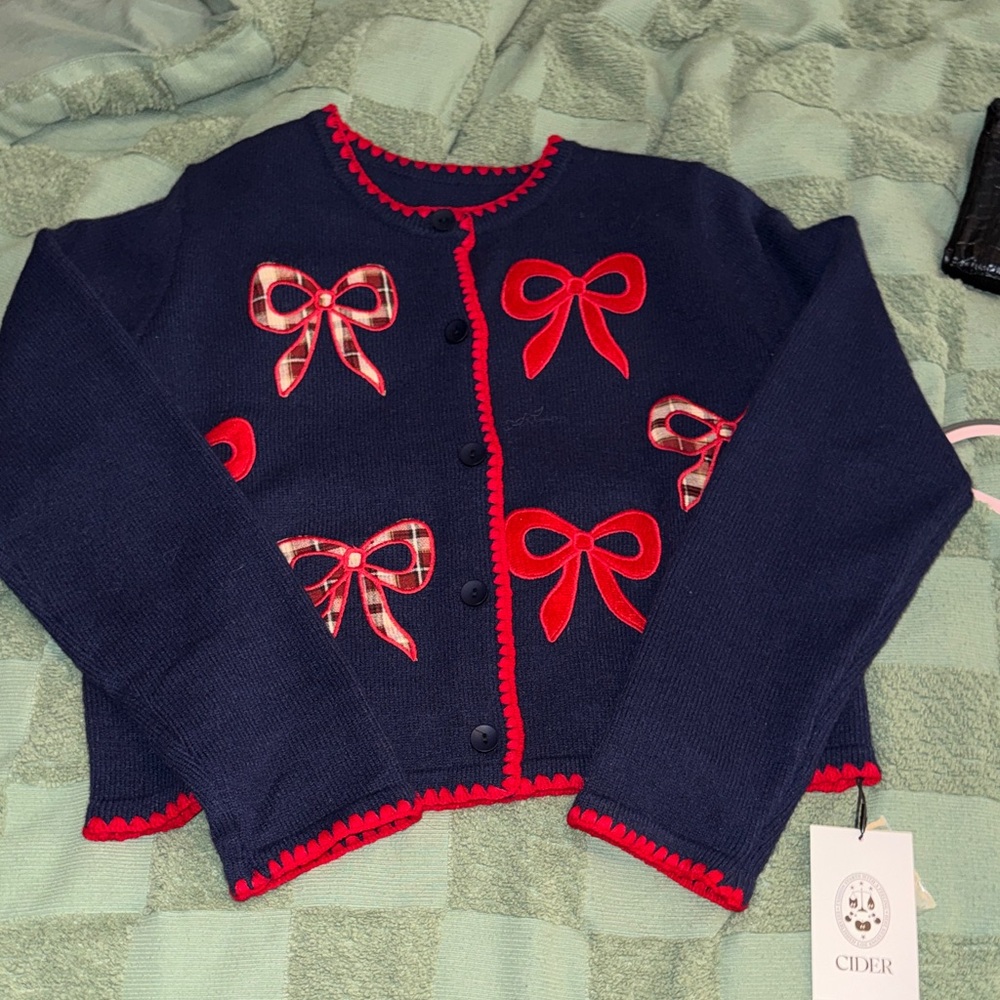 Cider Navy Sweater with Red Plaid Bows